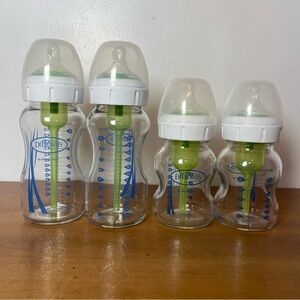 Dr Browns Natural Flow Wide Glass Baby Bottles Lids Anti-colic Preemie Set Of 4